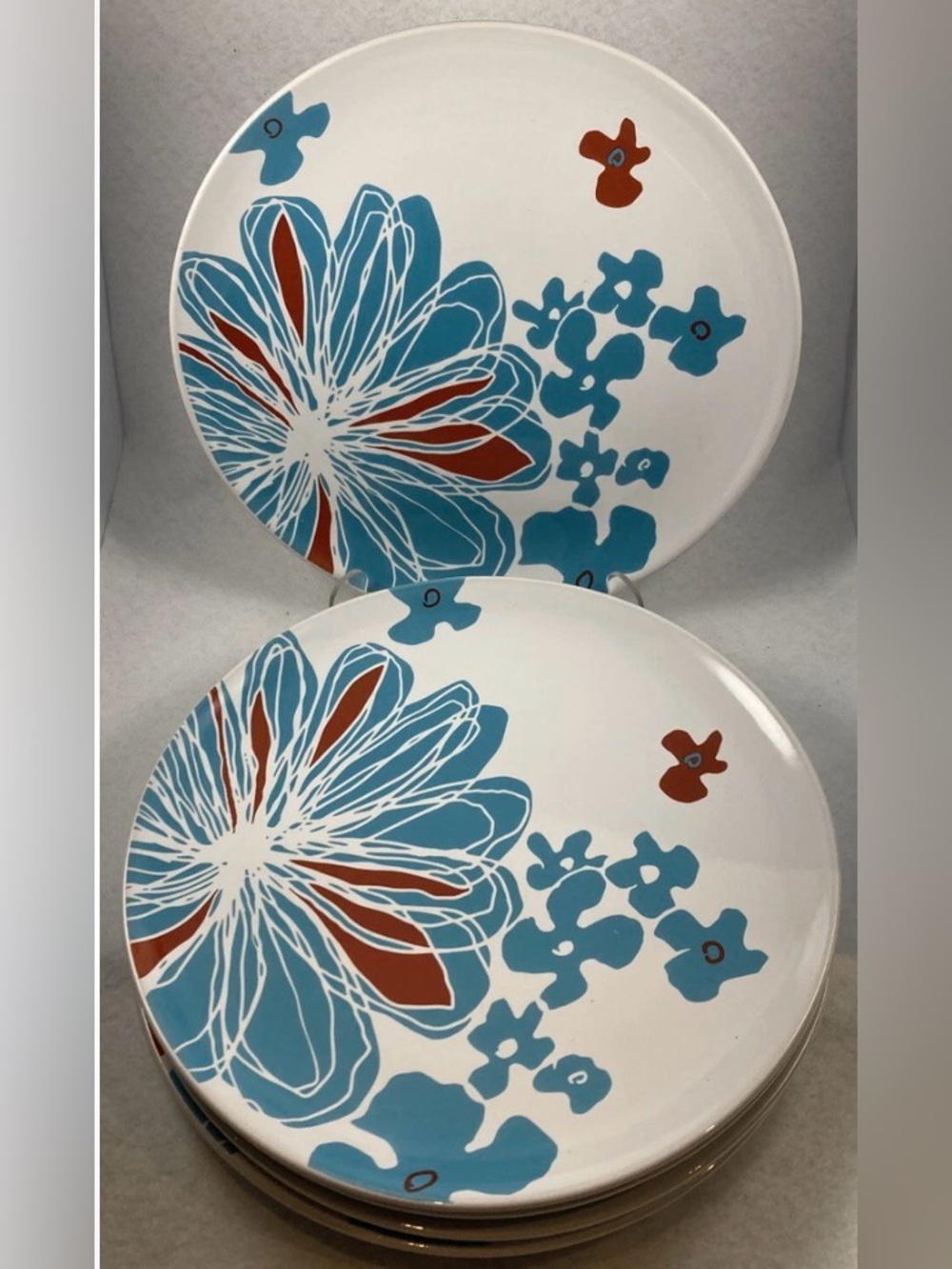 IKEA White Porcelain Ceramic 2 Plates Blue Rust Floral Pattern 10 1/2 In Round